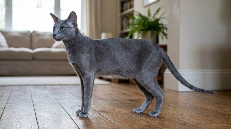 Un gato oriental de pelo corto azul de cuerpo entero y de perfil, de pie sobre un suelo de madera, hombros y caderas de