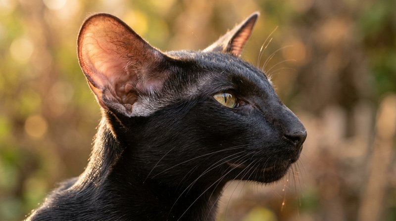 Genera una imagen hiperrealista horizontal en primer plano del perfil de la cabeza de un gato oriental de pelo corto, cu