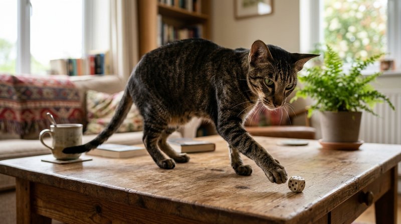 Un gato oriental de pelo corto de pie sobre la mesa del salón empujando un objeto pequeño hacia el borde con la pata, ac
