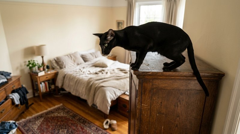 Un gato oriental de pelo corto encaramado en lo alto de un armario, mirando hacia abajo la habitación desde su mirador,