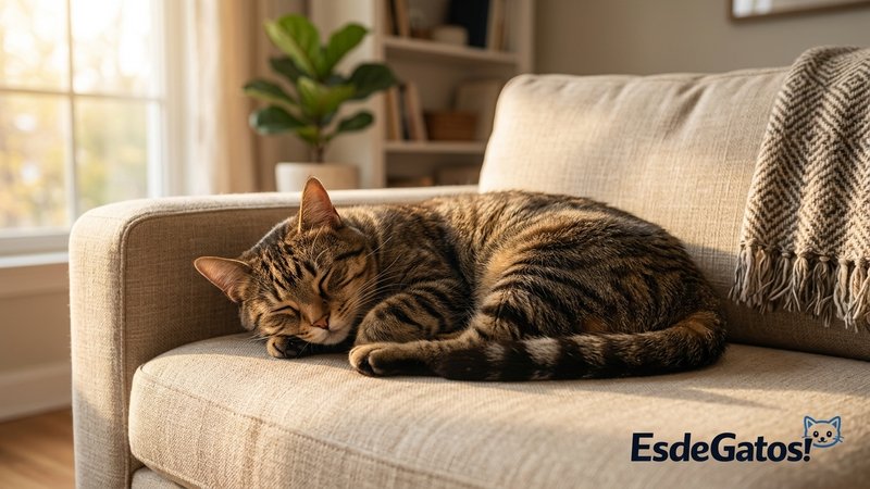 Un gato elegante sentado sobre un sofá impecable y limpio en un salón soleado y acogedor, con cojines ordenados alrededo