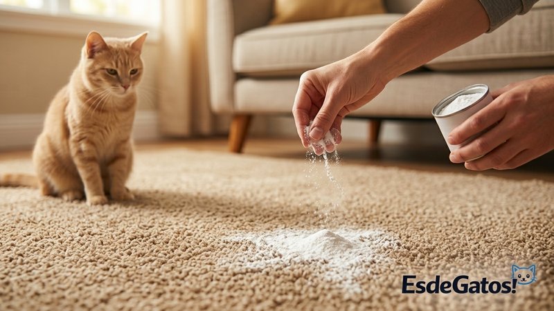 Una persona espolvoreando bicarbonato en polvo blanco sobre una alfombra del salón para absorber olores, con un gato tra