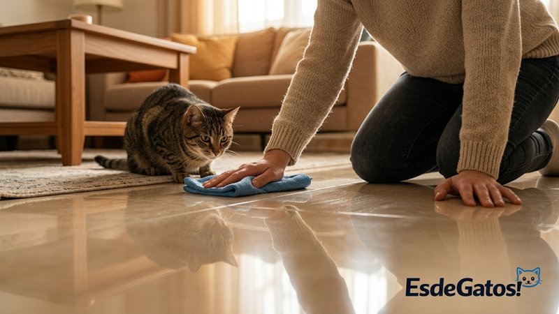 Una persona limpiando con un paño un piso liso de cerámica brillante en un salón, mientras un gato mira con curiosidad e