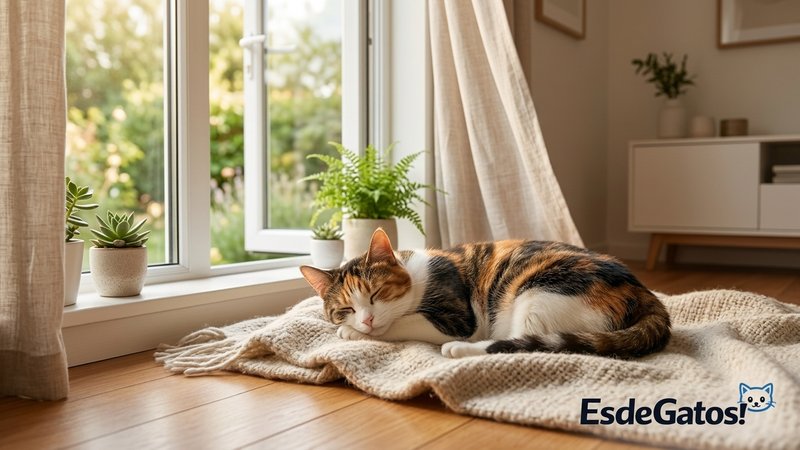 Un dormitorio luminoso con un colchón limpio ventilándose junto a una ventana abierta, con luz de sol entrando y un gato