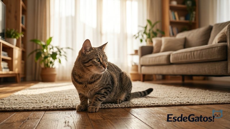 Un gato girando la cabeza y moviendo las orejas hacia su dueña al oír su nombre, mirándola de reojo desde el suelo del s