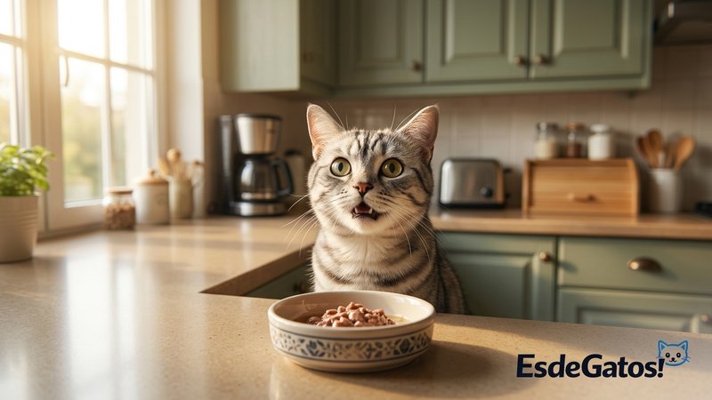 Un gato apareciendo de golpe junto a su cuenco en cuanto su dueño pronuncia la palabra de la comida, mirándolo expectant