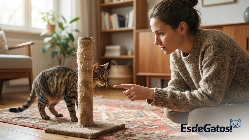 Una persona redirigiendo con calma la atención de su gato hacia un rascador de sisal, señalándolo con la mano en el saló