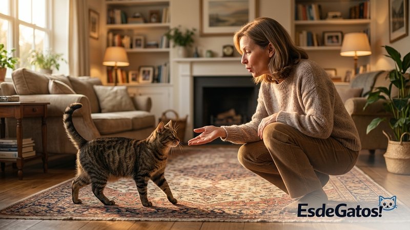 Una persona agachada llamando a su gato con la mano extendida y voz cariñosa desde el otro lado del salón cálido de un h