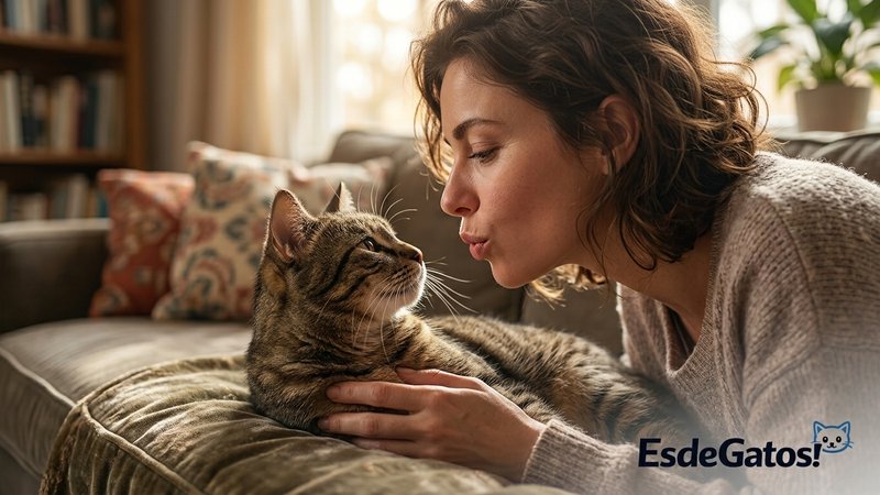 Una persona hablándole con voz suave y aguda a su gato mientras le acerca la cara con ternura en el salón cálido de una