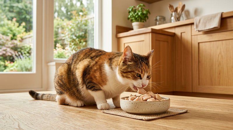 Un gato sano comiendo trocitos de pollo cocido de un cuenco sobre el suelo de una cocina luminosa, luz natural suave, mu