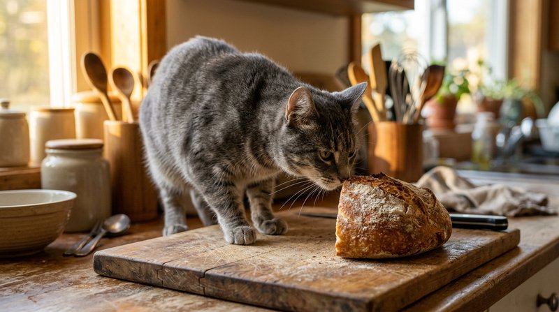 Un gato gris olfateando con cautela un trozo de pan horneado sobre una tabla de madera en una cocina acogedora, luz dora
