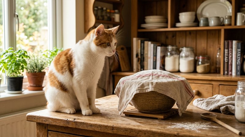 Un gato blanco y naranja subido a la encimera de una cocina observando un bol con masa de pan cruda tapada con un paño,