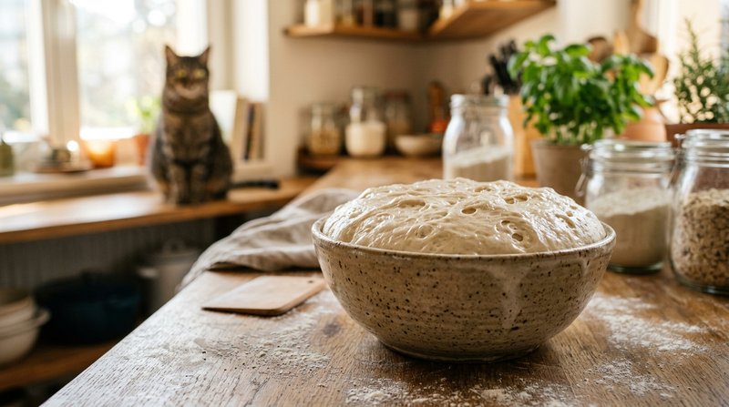 Un primer plano de masa de pan cruda creciendo dentro de un bol de cerámica sobre una encimera, con un gato observando d