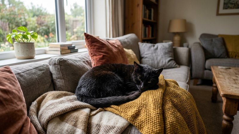 Un gato negro de aspecto decaído recostado y encogido sobre un sofá en un salón cálido, luz suave de tarde, mantas y coj