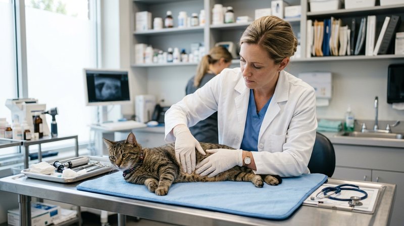 Un veterinario con bata palpando con cuidado el abdomen de un gato atigrado tranquilo sobre una camilla en una clínica l