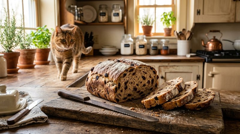 Una hogaza de pan con pasas cortada sobre una tabla de madera rústica, con un gato curioso acercándose al fondo en una c