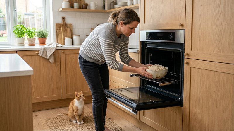 Una persona guardando un bol de masa dentro de un horno apagado mientras un gato la observa desde el suelo de una cocina