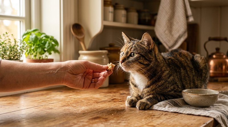 Una mano ofreciendo una miga muy pequeña de pan a un gato atigrado atento en una cocina cálida y acogedora, luz dorada s
