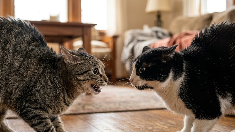 Un primer plano de dos gatos encarados con los lomos arqueados y las orejas pegadas al cráneo, pupilas enormes y expresi