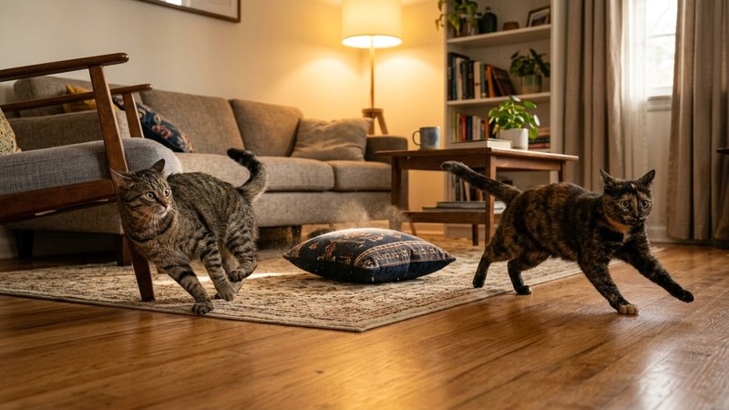 Dos gatos que se dispersan corriendo en direcciones opuestas por un salón cálido, sobresaltados, mientras un cojín cae c