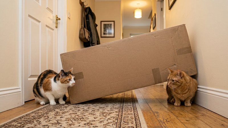 Un gran cartón colocado como barrera entre dos gatos tensos en un pasillo hogareño, cortando el contacto visual entre el