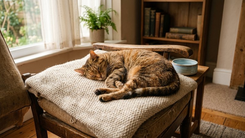 Un gato solo y ya más tranquilo descansando sobre una manta en una habitación cerrada y silenciosa, junto a su cuenco de