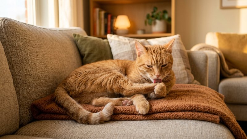 Un gato acicalándose relajado sobre un sofá cálido tras un momento de tensión, gesto tranquilo y concentrado, tonos dora