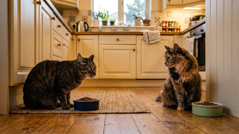 Dos gatos adultos compartiendo con recelo un mismo espacio junto a dos comederos separados en una cocina cálida, actitud