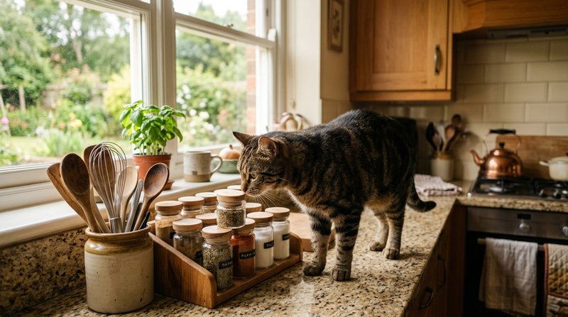 Un gato atigrado de pie sobre la encimera de una cocina hogareña, olfateando con curiosidad los tarros y los utensilios
