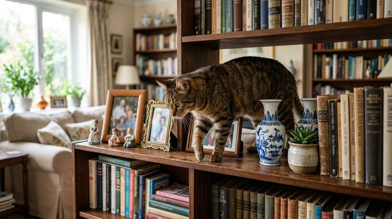 Un gato marrón caminando con cuidado por una estantería alta de salón entre marcos de fotos y jarrones de porcelana, mir