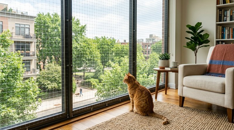 Una ventana de piso con una red de protección transparente bien instalada y un gato naranja sentado tranquilo detrás de
