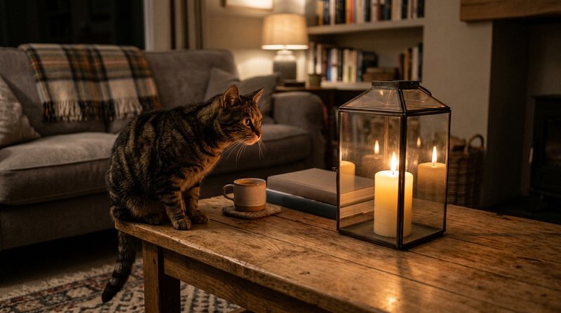 Una mesa baja de salón con dos velas encendidas dentro de un farol de cristal y un gato atigrado observándolas de cerca
