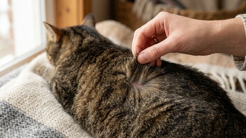 Un primer plano del lomo de un gato mientras una mano retira delicadamente un mechón de pelo muerto, mostrando el pelaje
