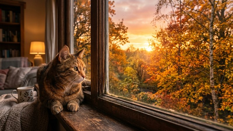 Un gato asomado a la ventana de una casa observando la luz cambiante del atardecer de otoño, con hojas doradas al fondo