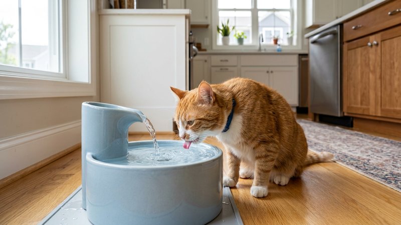 Un gato bebiendo de una fuente de agua en movimiento sobre el suelo de una cocina luminosa, con gotas brillantes cayendo