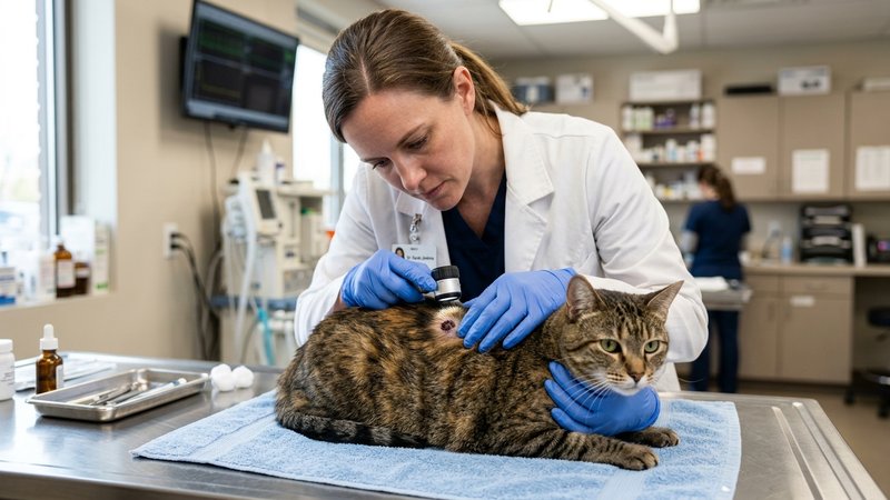 Un veterinario de bata explorando con cuidado la piel de un gato sobre una camilla de clínica, revisando una zona del lo