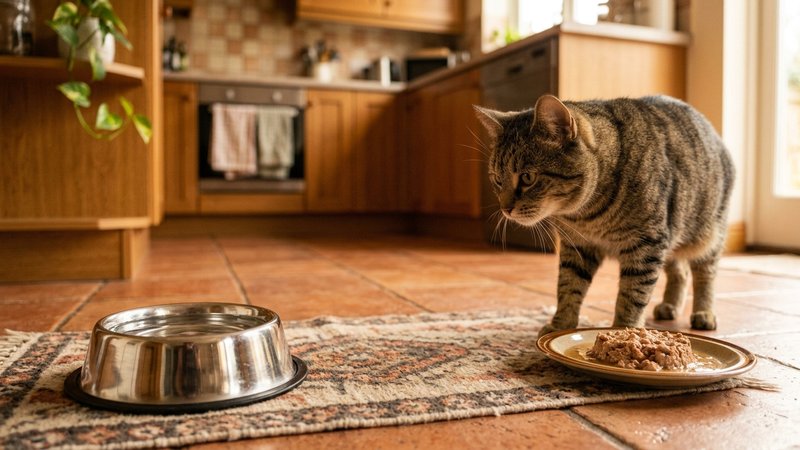 Un plato con alimento de calidad para gato junto a un cuenco de acero con agua fresca sobre el suelo de una cocina cálid