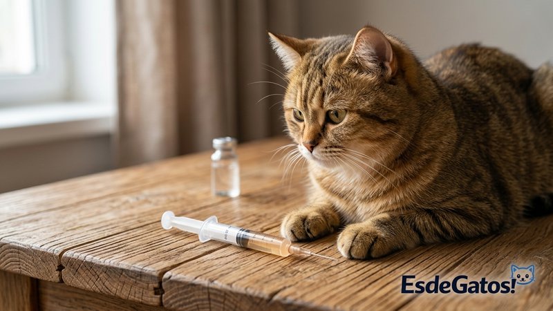Una pequeña jeringa oral con medicina líquida para gato sobre una mesa, junto a un gato tranquilo