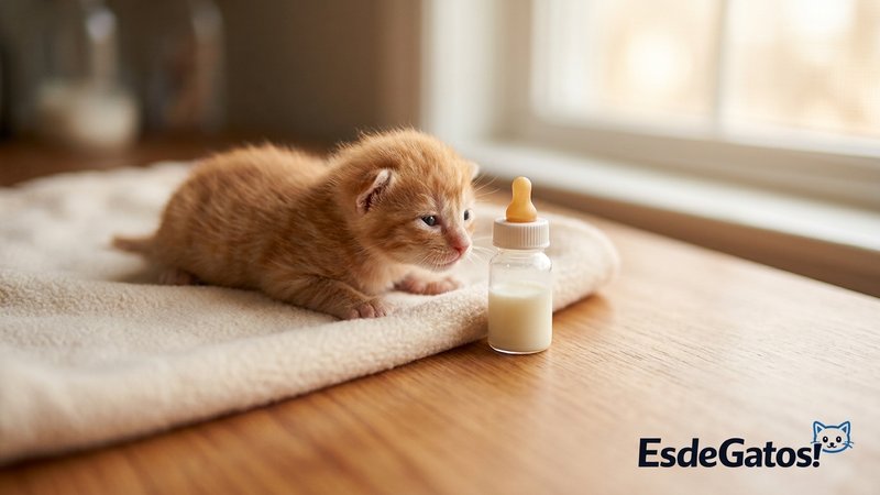 Un pequeño biberón de leche para gatitos junto a un gatito diminuto, sobre una mesa