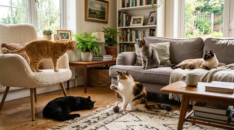Cinco gatos de distintos colores y actitudes reunidos en un salón hogareño luminoso, unos curiosos y otros relajados, lu