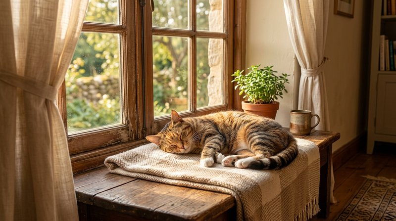 Un gato adulto sereno durmiendo plácidamente en un rincón soleado junto a una ventana, con cortinas suaves entreabiertas