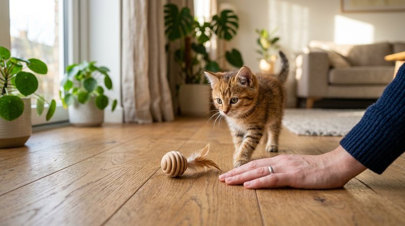 Un gatito valiente y curioso acercándose con confianza a la mano de una persona mientras investiga un objeto nuevo en el