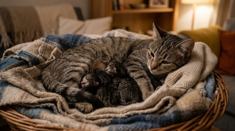 Una gata acostada junto a sus gatitos recién nacidos muy pequeños en un nido acogedor de mantas suaves, luz cálida y ten