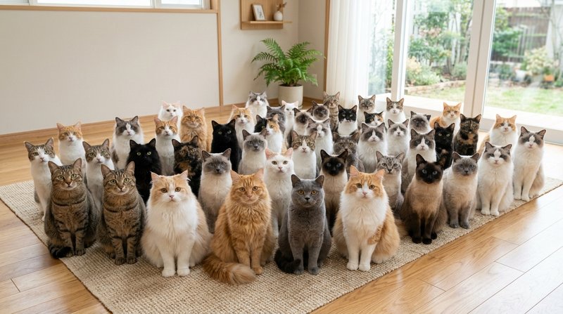 Numerosos gatos de distintos colores y pelajes sentados juntos mirando a la cámara, en un espacio amplio y luminoso, luz