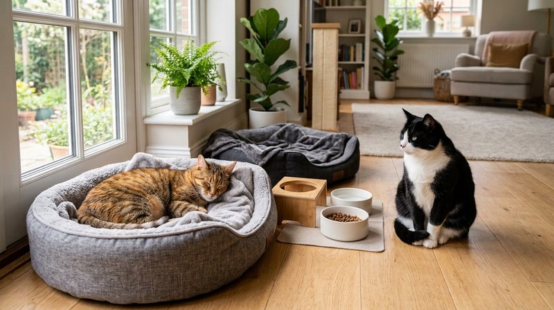 Dos gatos conviviendo en calma cerca de sus cuencos de comida y sus camas en un hogar espacioso y luminoso, luz natural