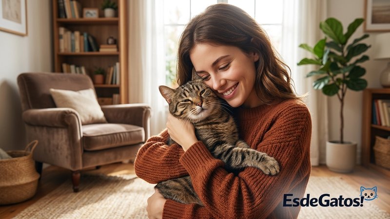 Una persona abrazando con cariño a un gato sano y feliz en el salón de casa