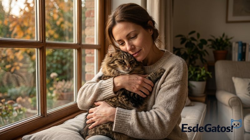 Una persona abrazando a su gato contra el pecho junto a una ventana, con un gesto de consuelo y calma