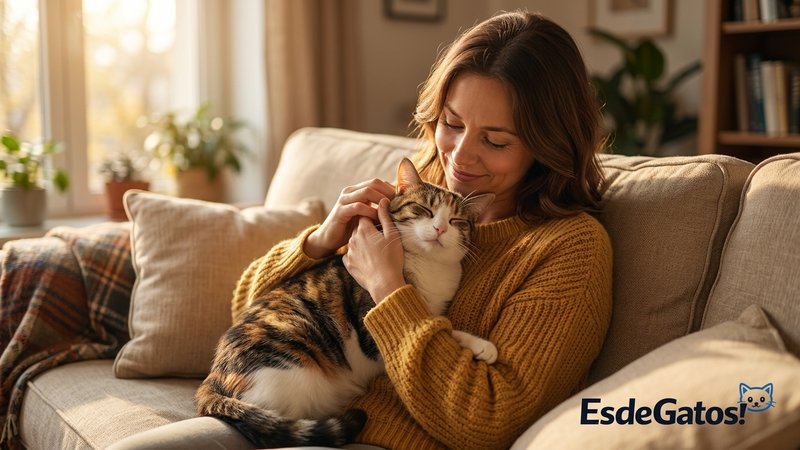 Una persona acariciando y calmando con cariño a su gata en el sofá