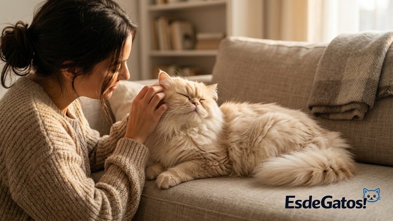Una persona acariciando con cariño a un gato persa que se deja mimar a gusto en el sofá