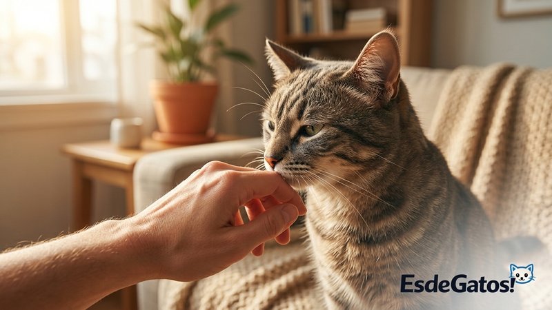 Una persona acercando con suavidad el dorso de la mano al hocico de un gato que la olfatea con calma, en un salón